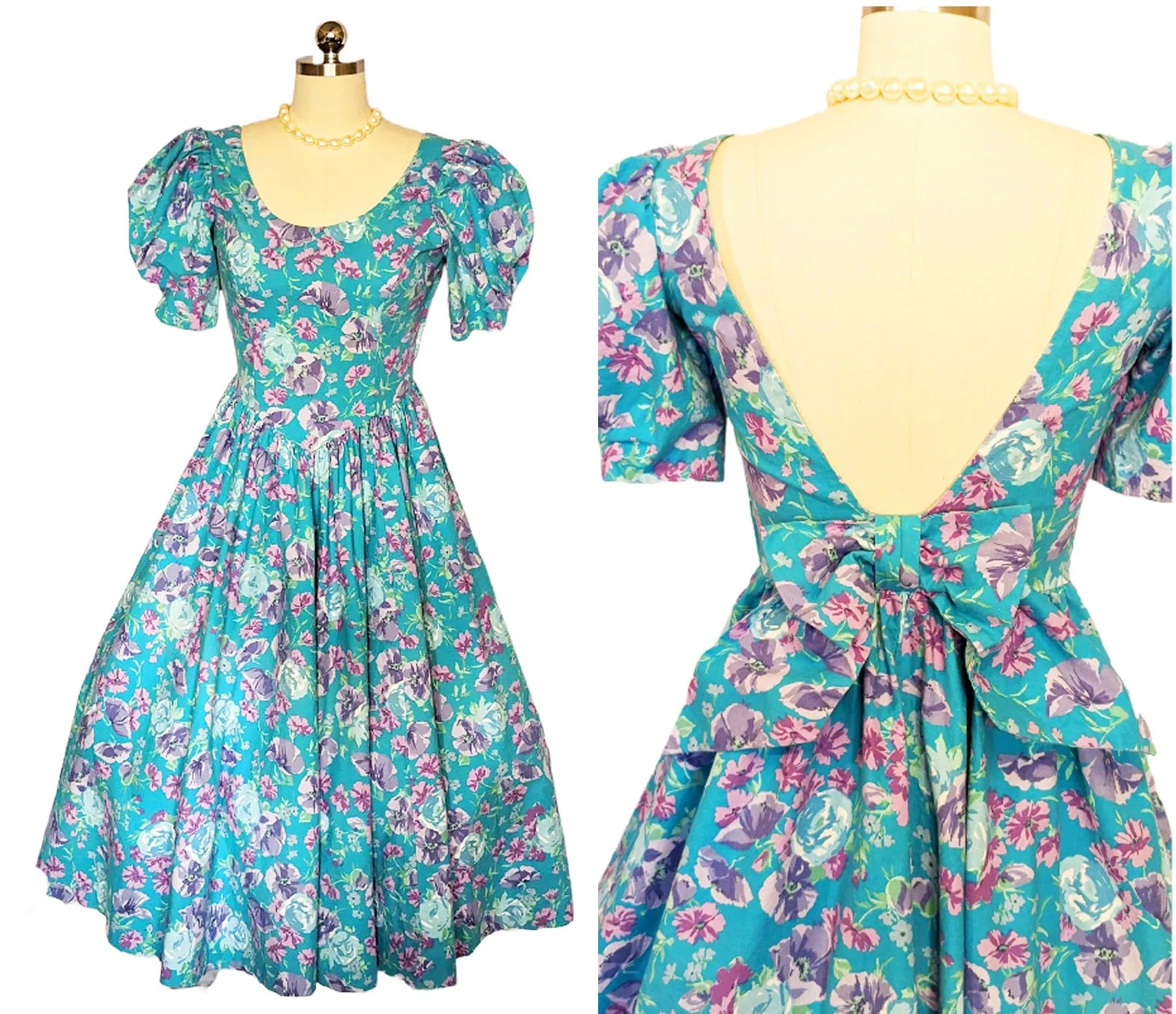 *   VINTAGE LAURA ASHLEY COTTON AQUA AND PURPLE FLORAL GORED GRAND SWEEP DRESS WITH BOW IN BACK MADE IN GREAT BRITAIN