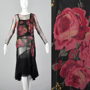 1930s Black Silk Slip Dress with Rose Print Top