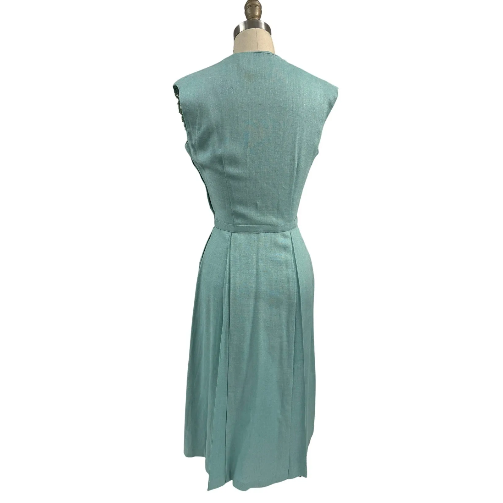 1940s 1950s VTG Bob Low Sz S 6 Aqua Blue Sleeveless Linen Day Dress Lace Collar