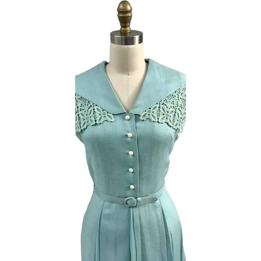 1940s 1950s VTG Bob Low Sz S 6 Aqua Blue Sleeveless Linen Day Dress Lace Collar