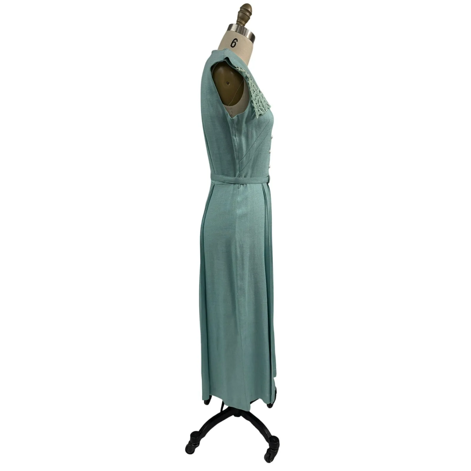 1940s 1950s VTG Bob Low Sz S 6 Aqua Blue Sleeveless Linen Day Dress Lace Collar