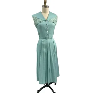 1940s 1950s VTG Bob Low Sz S 6 Aqua Blue Sleeveless Linen Day Dress Lace Collar