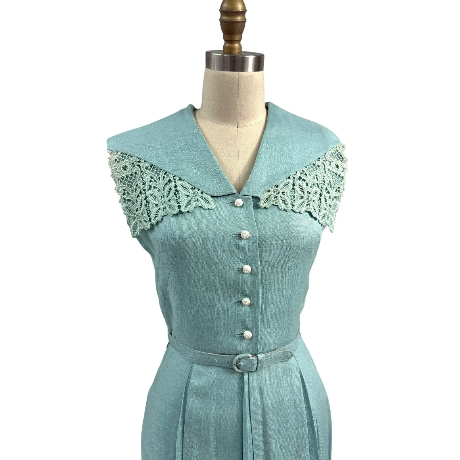 1940s 1950s VTG Bob Low Sz S 6 Aqua Blue Sleeveless Linen Day Dress Lace Collar