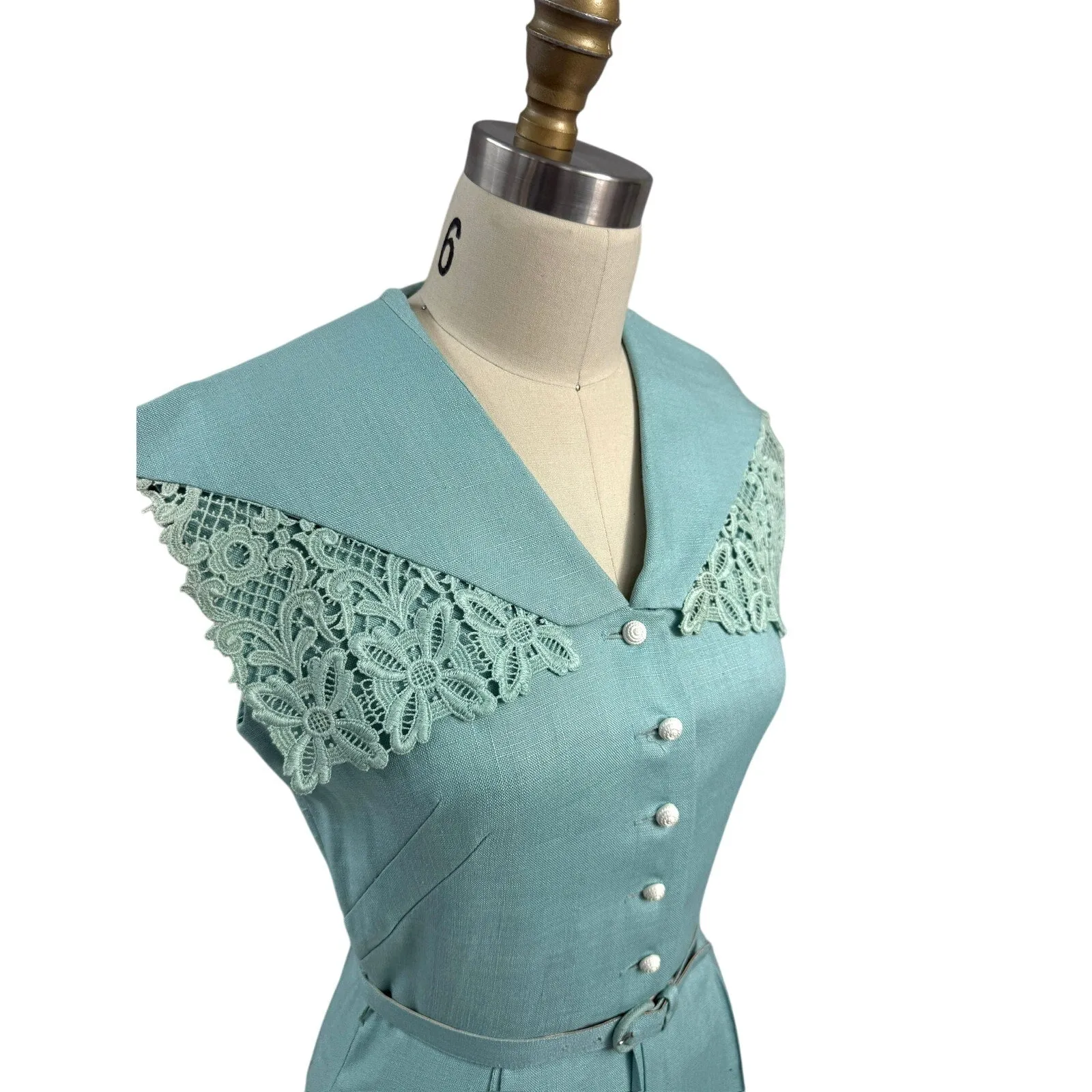 1940s 1950s VTG Bob Low Sz S 6 Aqua Blue Sleeveless Linen Day Dress Lace Collar