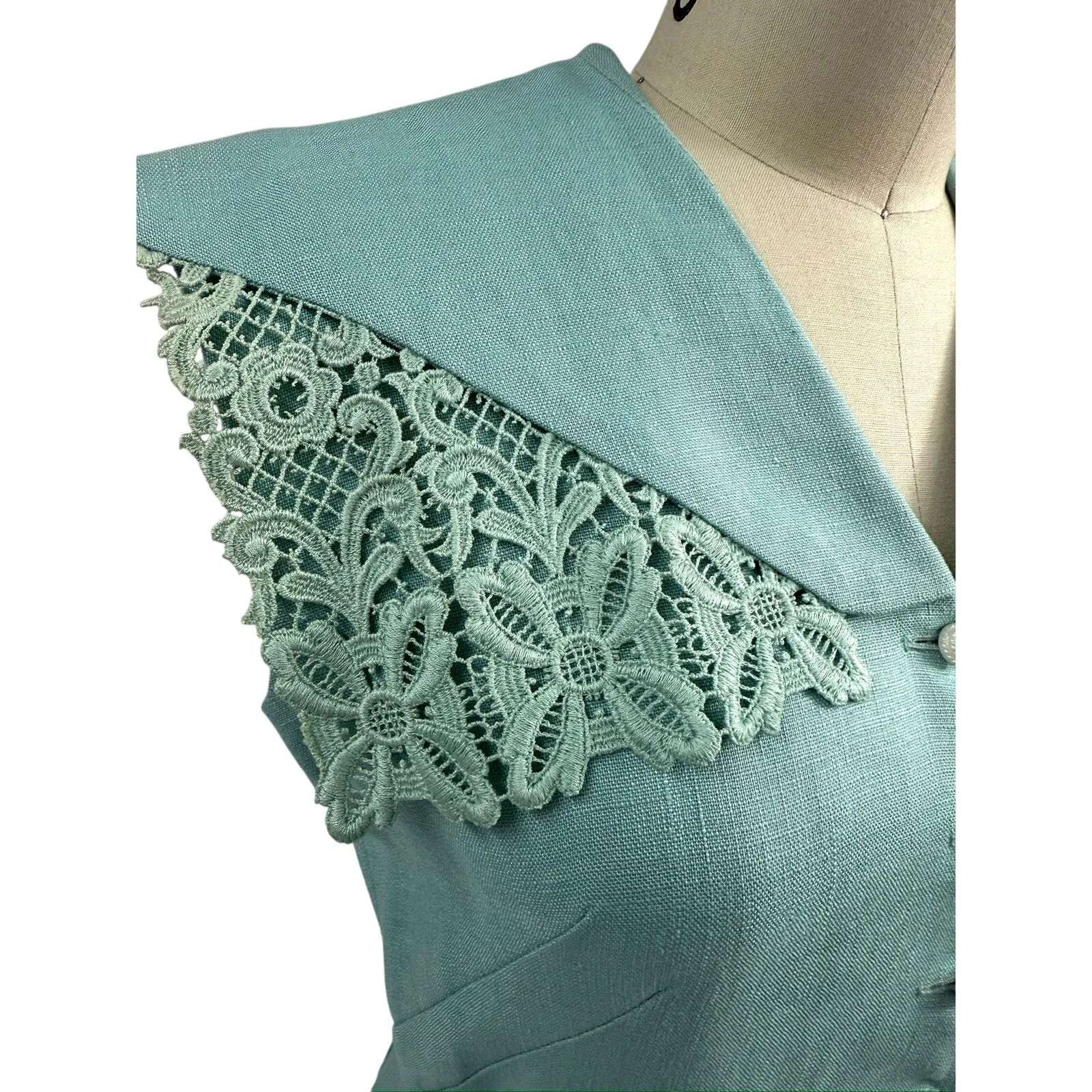 1940s 1950s VTG Bob Low Sz S 6 Aqua Blue Sleeveless Linen Day Dress Lace Collar