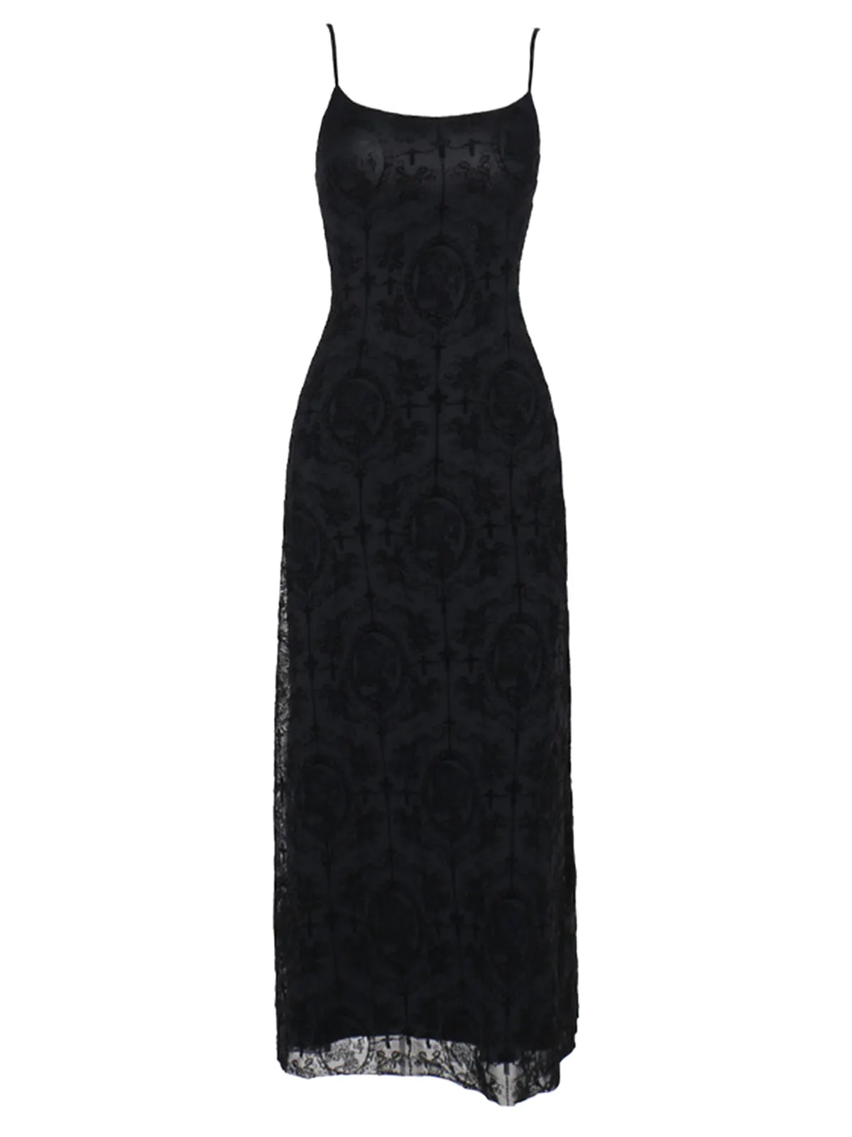 1970s Spaghetti Strap Gothic Black Lace Maxi Dress