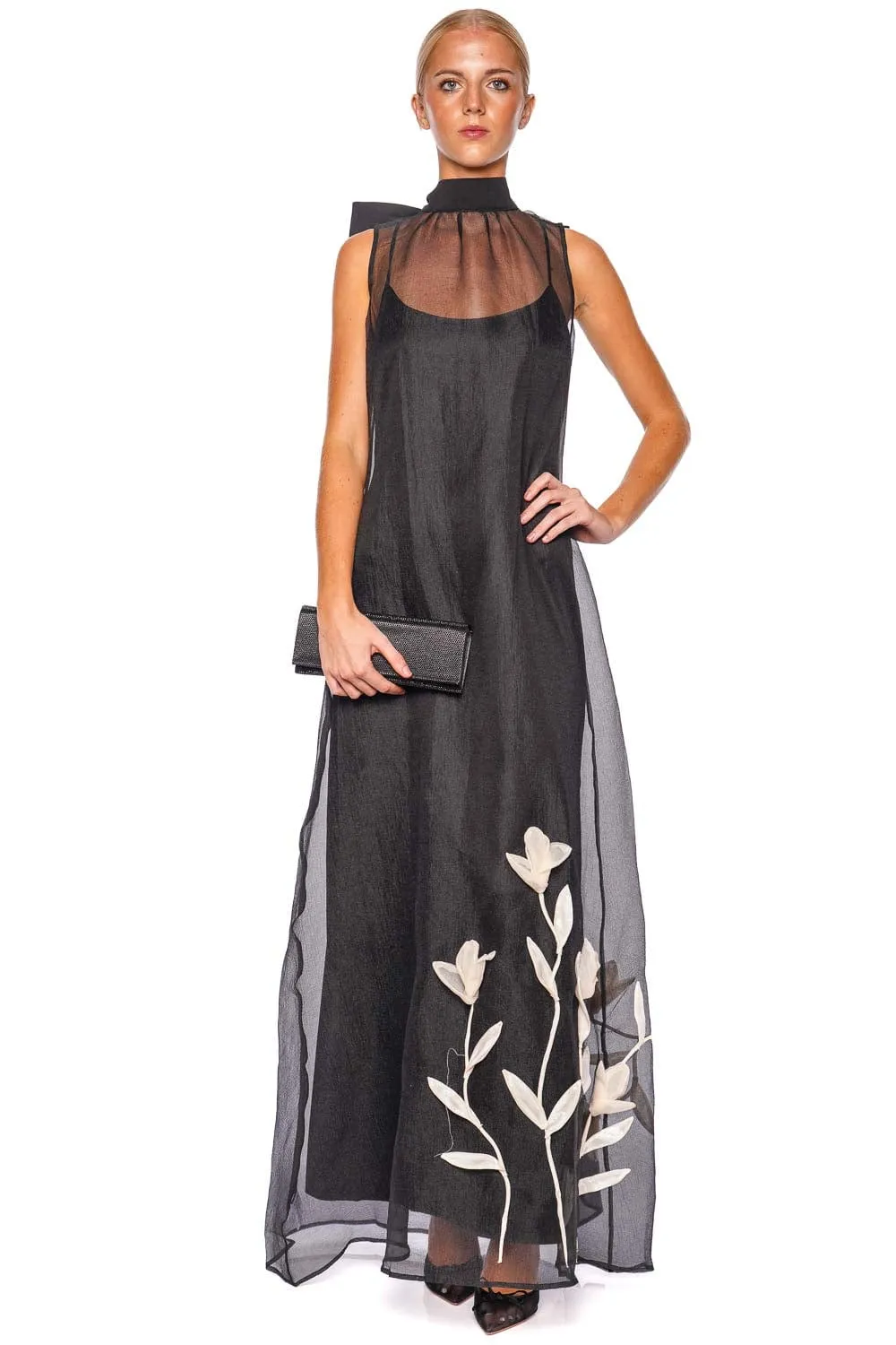 Albee Black Chiffon Floral Maxi Dress