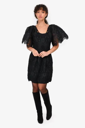 Alberta Ferretti Black Eyelet Lace Puff Sleeve Sheer Mini Dress Size 4 US