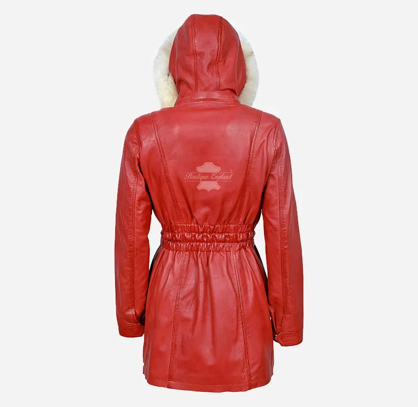 ALICE Women Hooded Parka Coat Hooded Long Leather Jacket