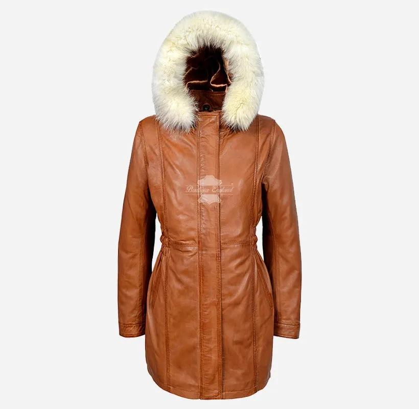 ALICE Women Hooded Parka Coat Hooded Long Leather Jacket