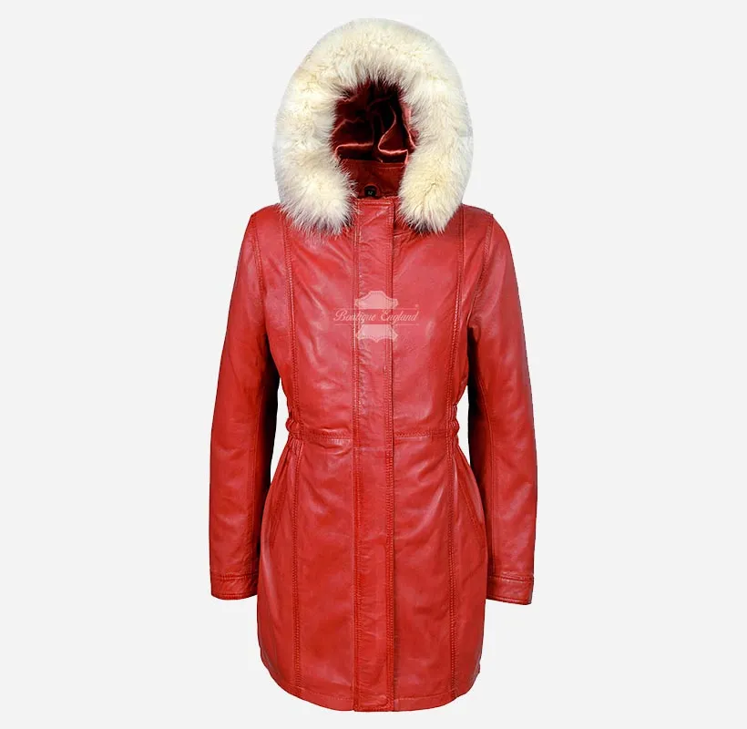 ALICE Women Hooded Parka Coat Hooded Long Leather Jacket