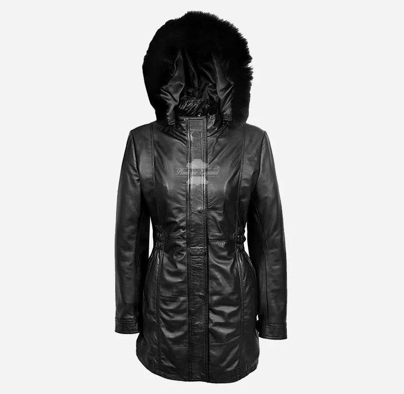 ALICE Women Hooded Parka Coat Hooded Long Leather Jacket