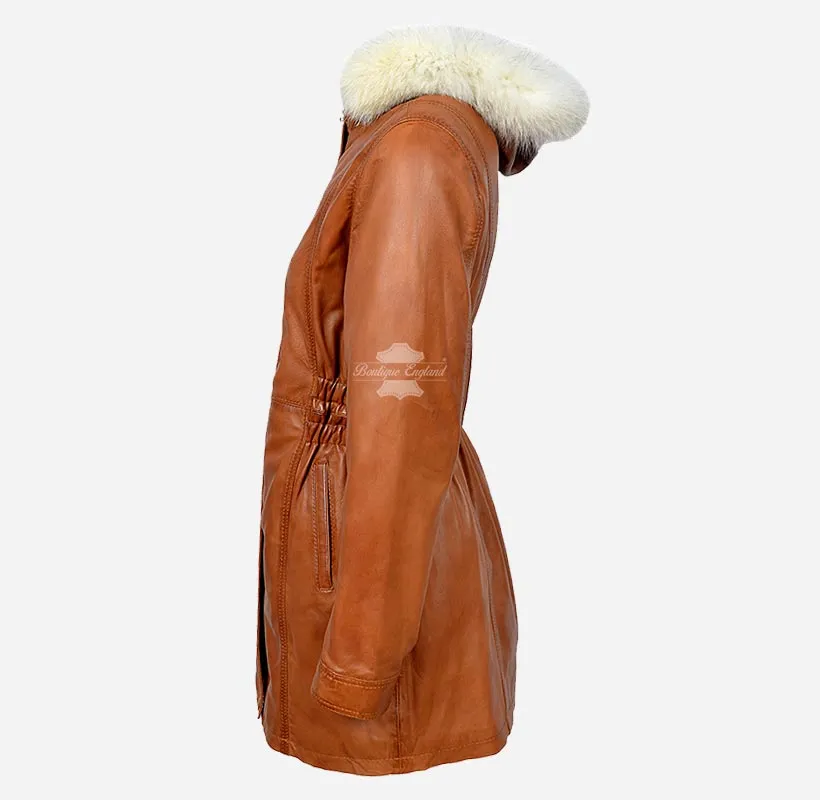 ALICE Women Hooded Parka Coat Hooded Long Leather Jacket