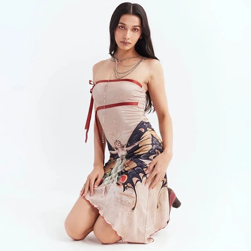 American Vintage Women's Dress Summer 2023 Butterfly Girl Printed Fashion Chic Elegant Sleeveless Off Shoulder Irregular Dresses