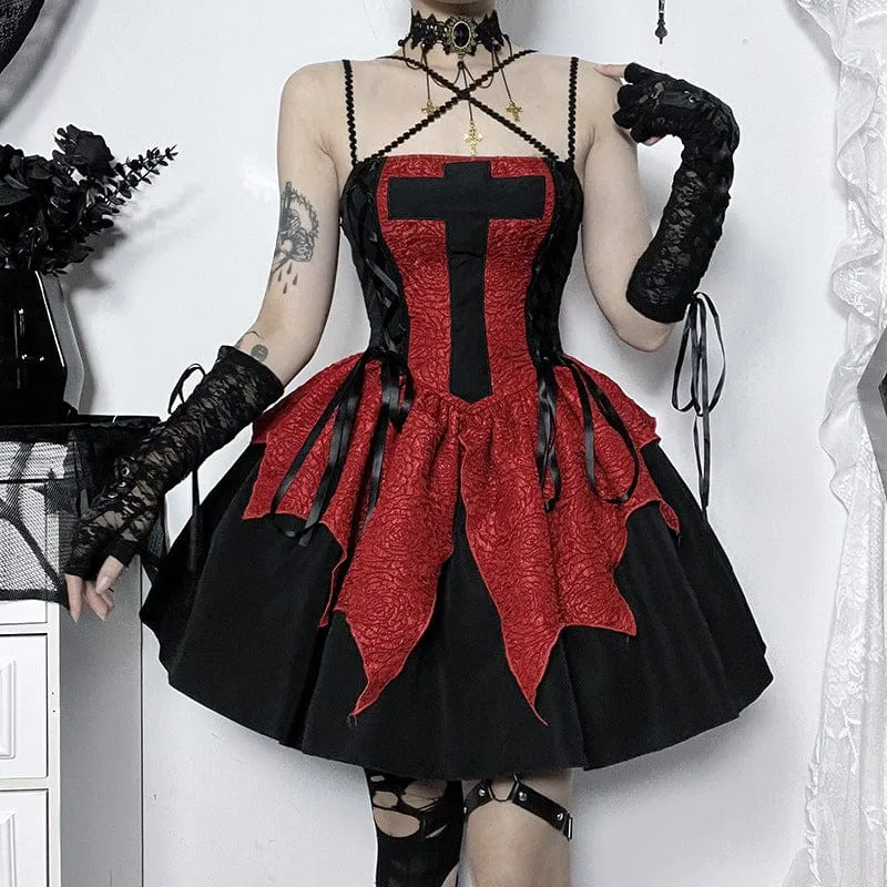 Archived Women's Gothic Lace-up Splice Irregular Hem Short Dress