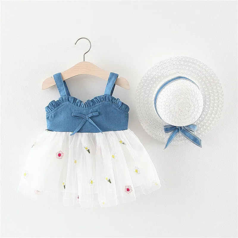 Baby Dress Denim Suspender Mesh Splicing Princess Dress