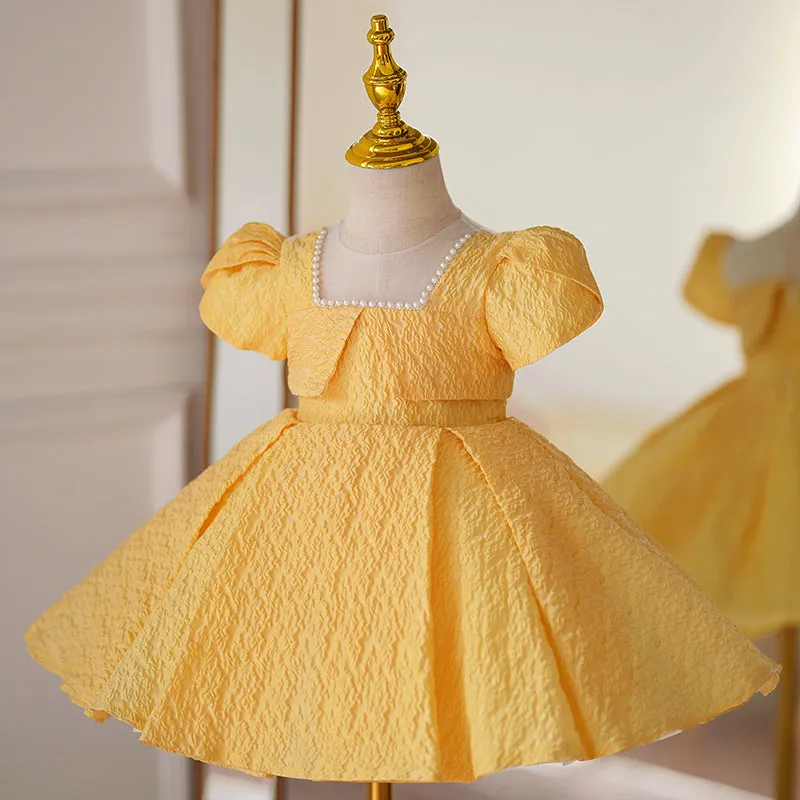 Baby Girl Dress Toddler Princess Dress Yellow Puff Sleeve Beaded Formal Communion Dress