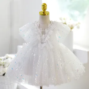 Baby Girl Easter Dress White Puffy Butterfly Sequins Birthday Party Princess Christening Dress