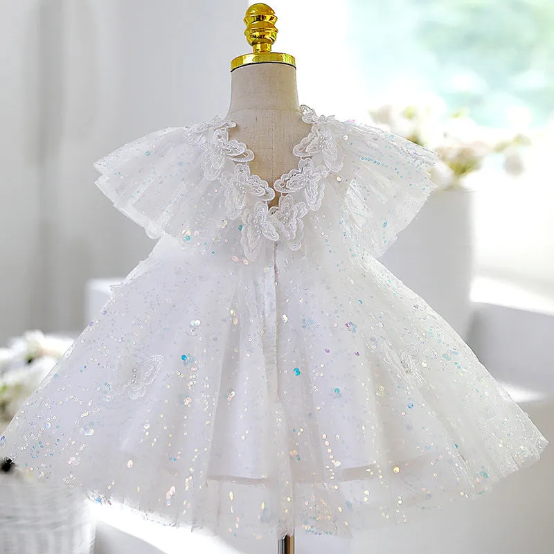 Baby Girl Easter Dress White Puffy Butterfly Sequins Birthday Party Princess Christening Dress