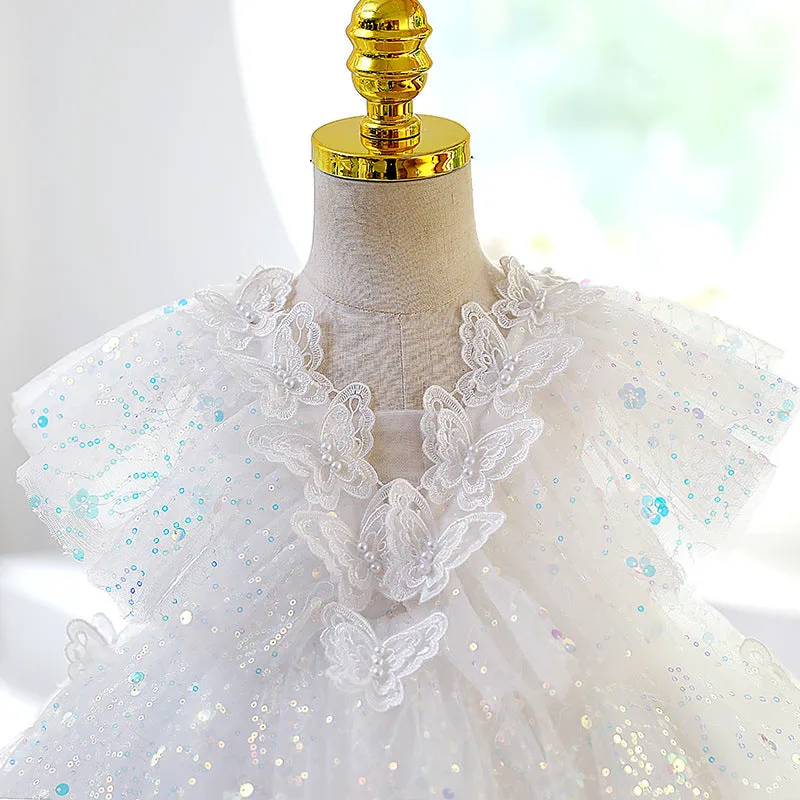 Baby Girl Easter Dress White Puffy Butterfly Sequins Birthday Party Princess Christening Dress