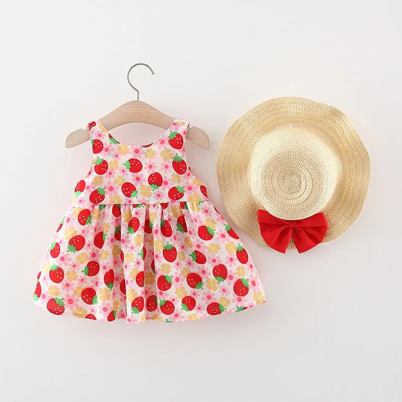 Baby Girl Strawberry Print Bow Suspender Dress