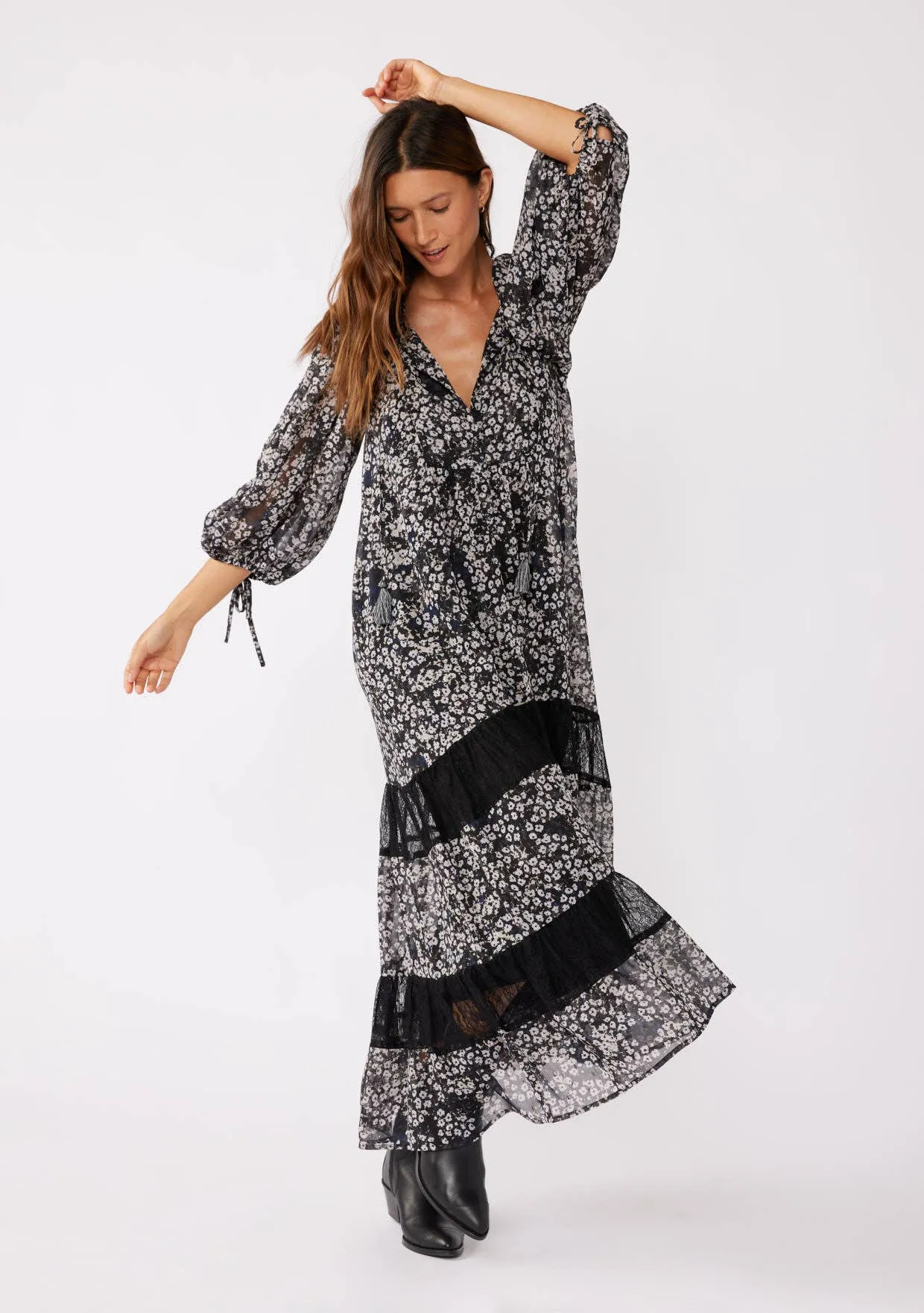 Balloon Sleeve Tiered Maxi Dress