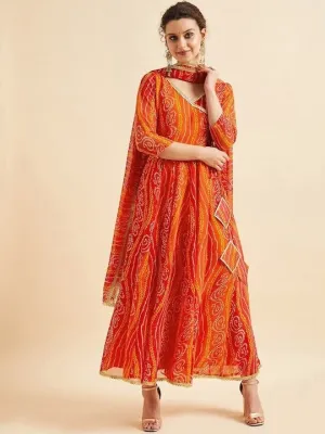 Bandhani Printed V-Neck Anarkali Ethnic Maxi Dress With Dupatta