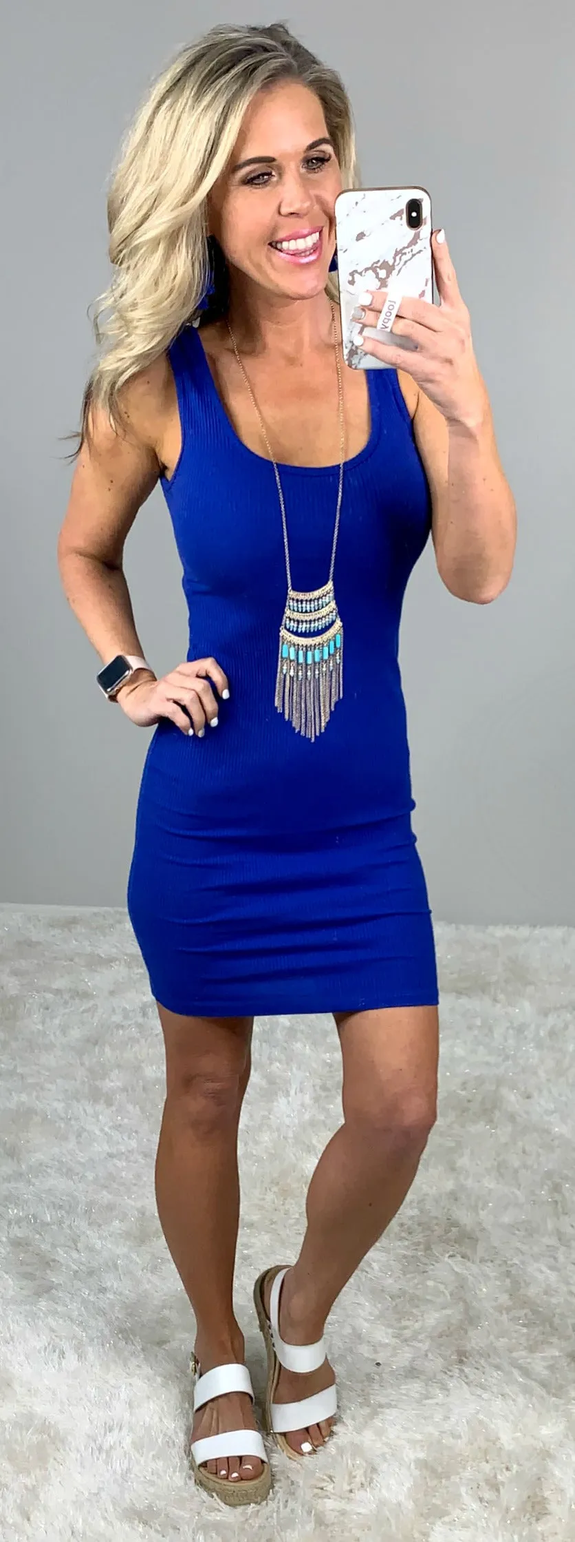 Basic Ribbed Tank Dress - Royal