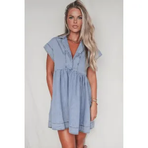 Beau Blue Lapel Neck Cap Sleeve High Waist Denim Babydoll Dress