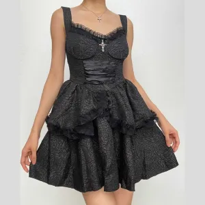 BerriesJam - Backless Lace Up Zip-Up Textured Solid Lace Hem Mini Dress | Gothic Dresses