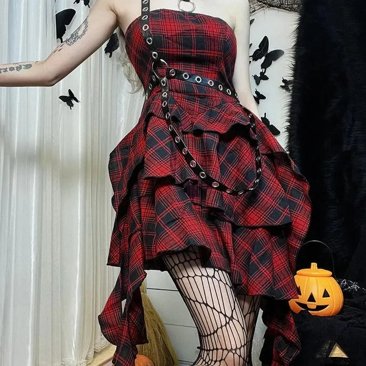 Bewitching Red Plaid Off-the-Shoulder Dress: A Gothic Rhapsody