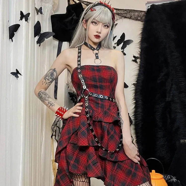 Bewitching Red Plaid Off-the-Shoulder Dress: A Gothic Rhapsody