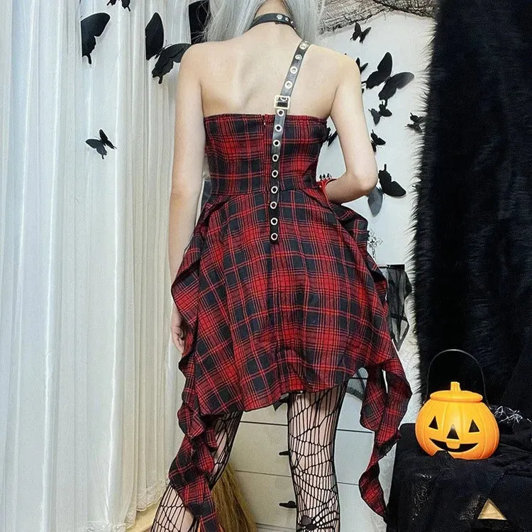 Bewitching Red Plaid Off-the-Shoulder Dress: A Gothic Rhapsody