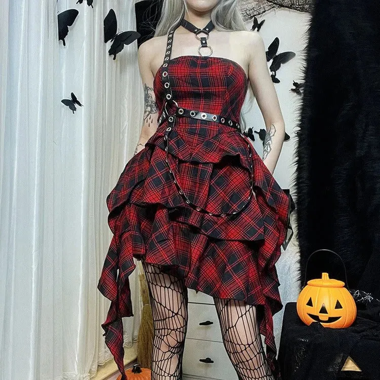 Bewitching Red Plaid Off-the-Shoulder Dress: A Gothic Rhapsody