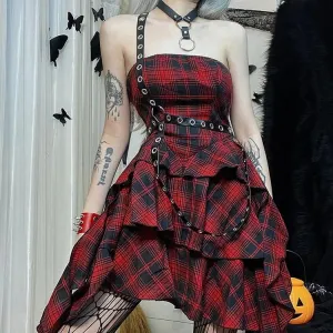 Bewitching Red Plaid Off-the-Shoulder Dress: A Gothic Rhapsody