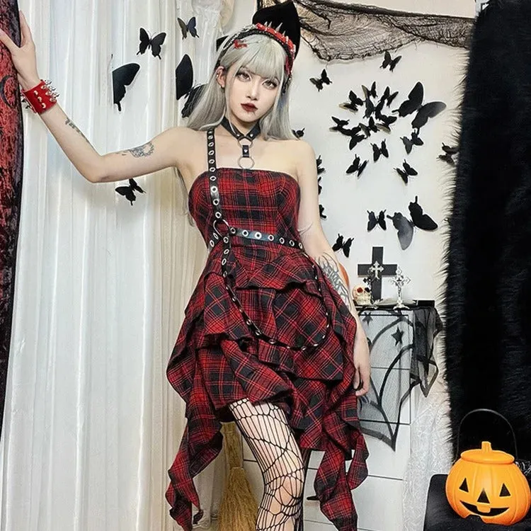 Bewitching Red Plaid Off-the-Shoulder Dress: A Gothic Rhapsody