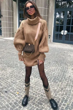 Bishop Sleeve Turtleneck Winter Sweater Mini Dress - Camel