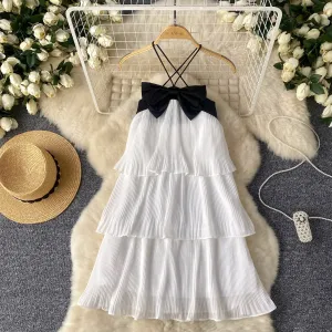 Black Bow White Ruffled Halter Dress