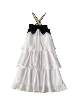 Black Bow White Ruffled Halter Dress