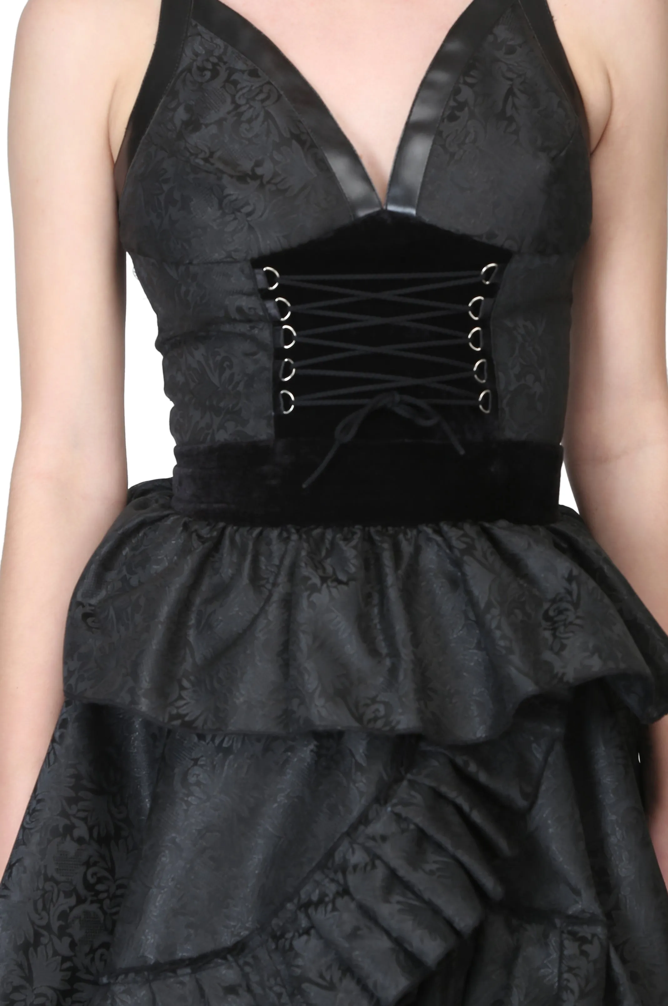 Black Brocade Gothic Beauty with Front criss Cross Lacing Short Dress