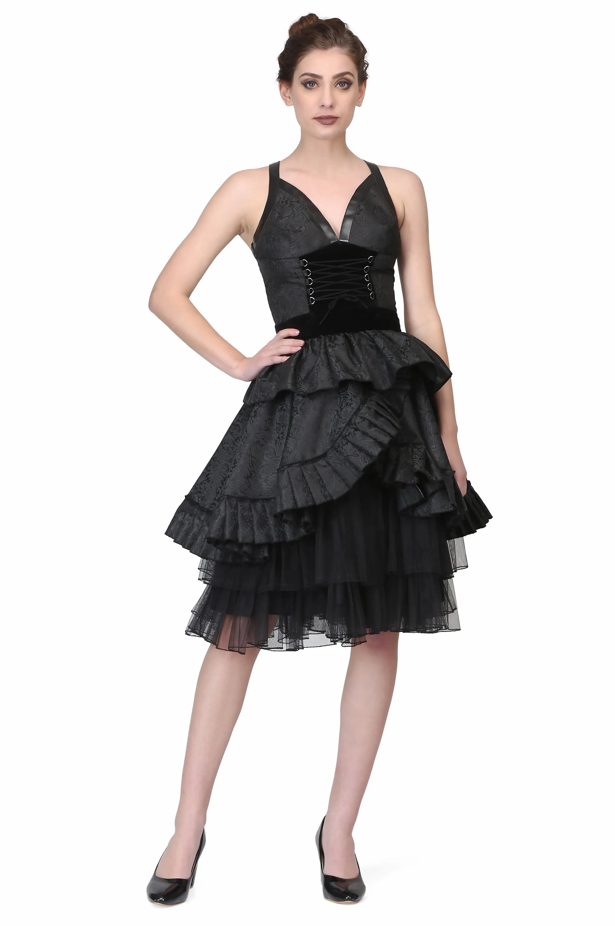 Black Brocade Gothic Beauty with Front criss Cross Lacing Short Dress