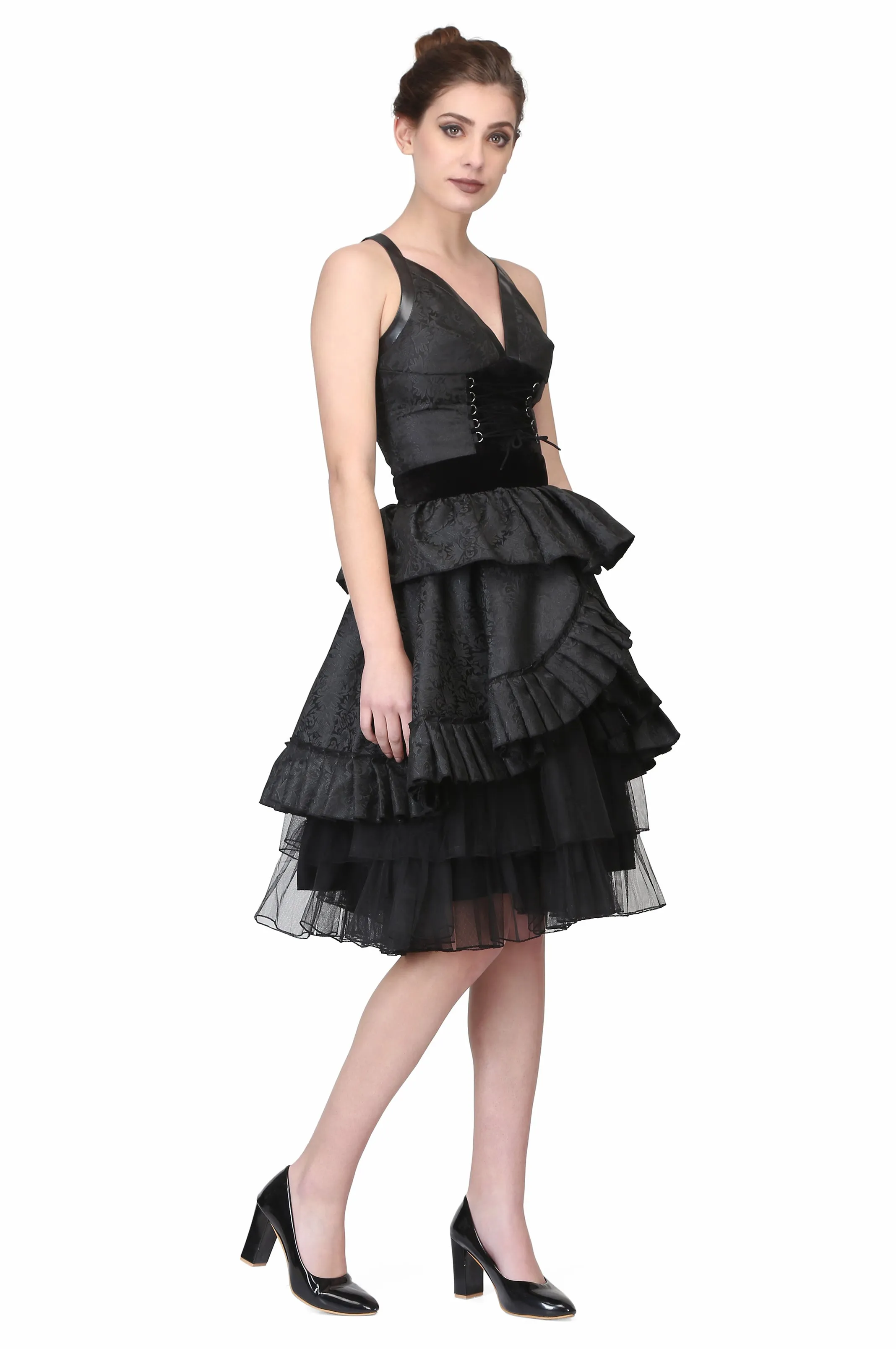 Black Brocade Gothic Beauty with Front criss Cross Lacing Short Dress