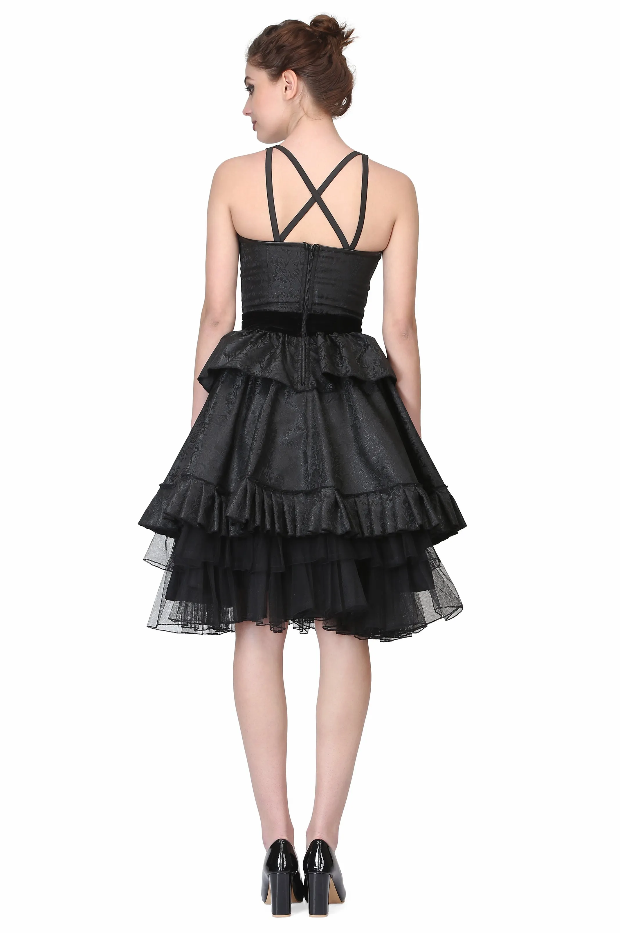 Black Brocade Gothic Beauty with Front criss Cross Lacing Short Dress