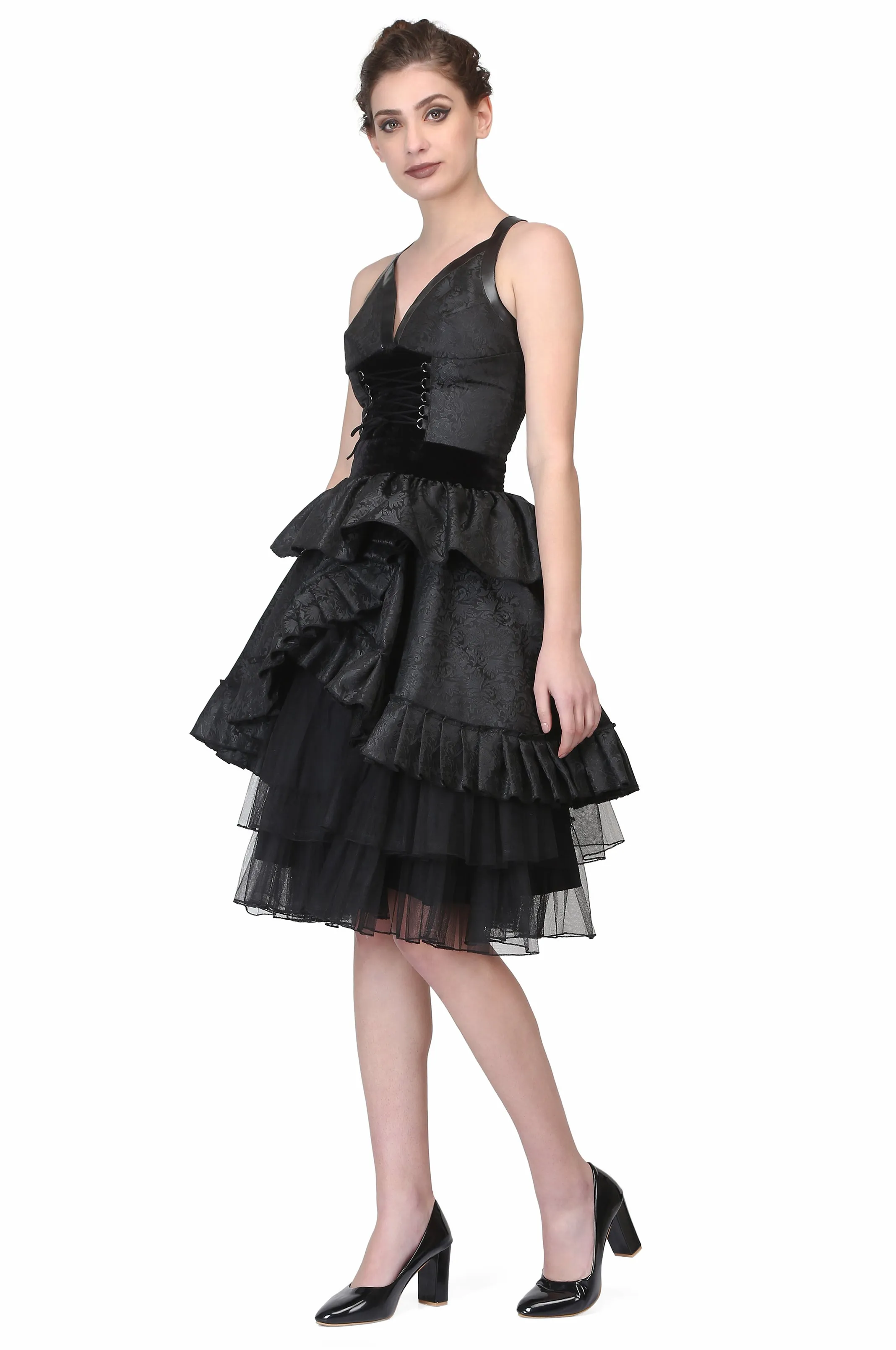 Black Brocade Gothic Beauty with Front criss Cross Lacing Short Dress