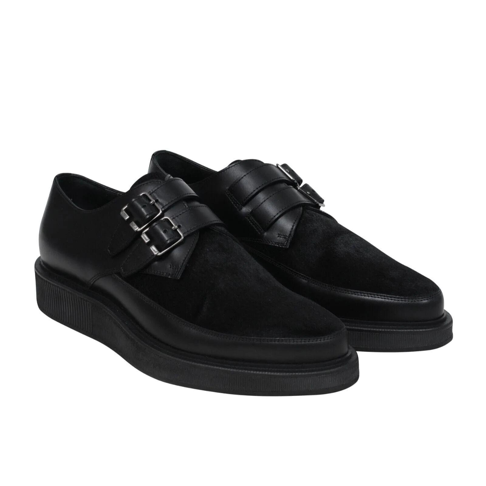 Black Leather Pony Hair Monk Strap Chunky Creeper Dress Derbys