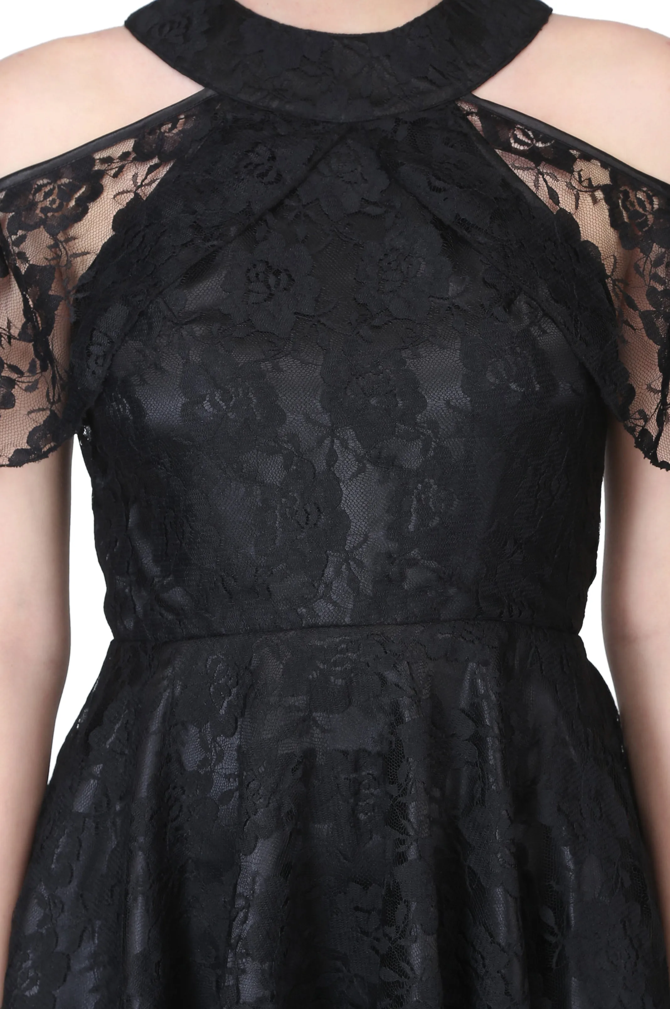 Black satin overlayed floral mesh ladies drop shoulder gothic dress