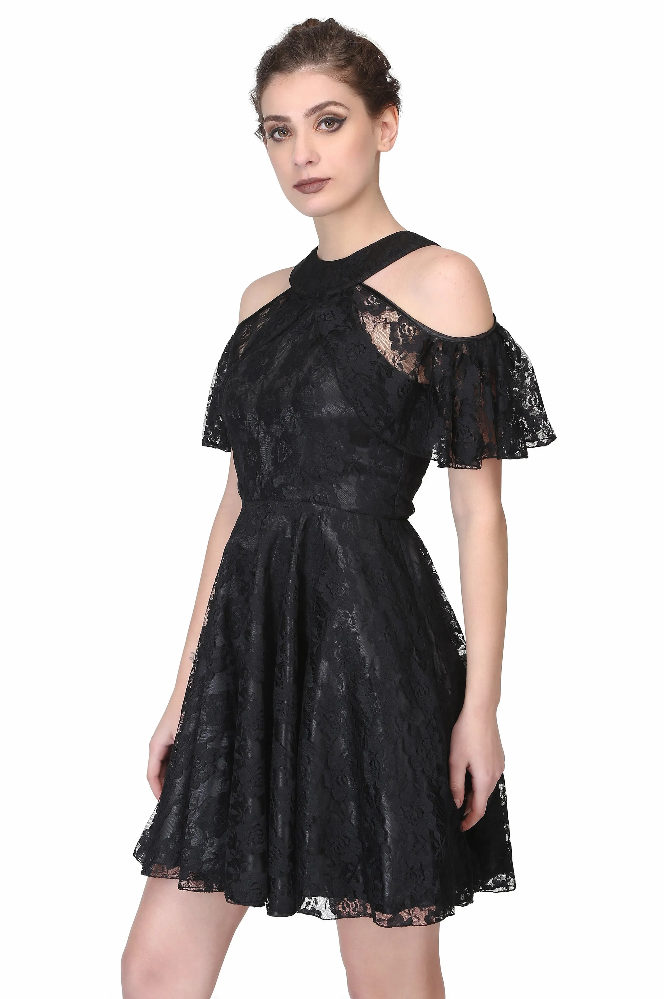 Black satin overlayed floral mesh ladies drop shoulder gothic dress