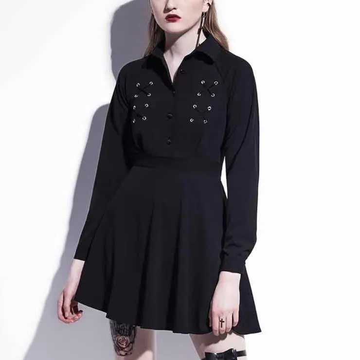 Black Sexy Lace Up Autumn Casual A-Line Button Lapel Gothic Mini Dress