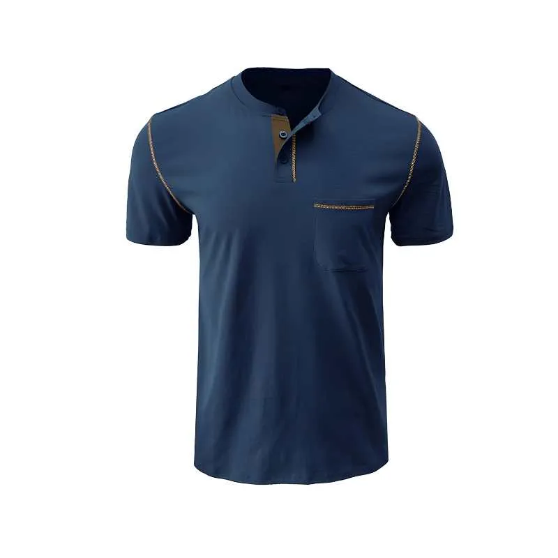 Blue Shortsleeve Henley Cotton Polo Shirt