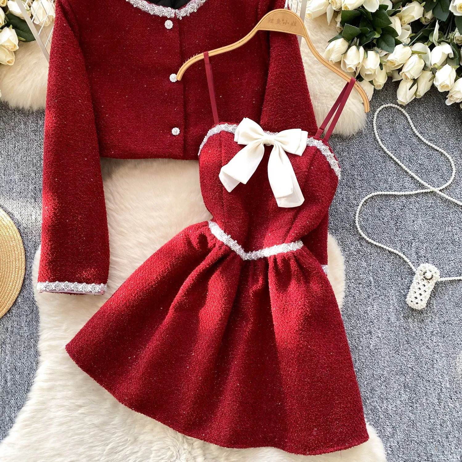 Bow Corduroy Slip Dress & Cardigan 2Pcs